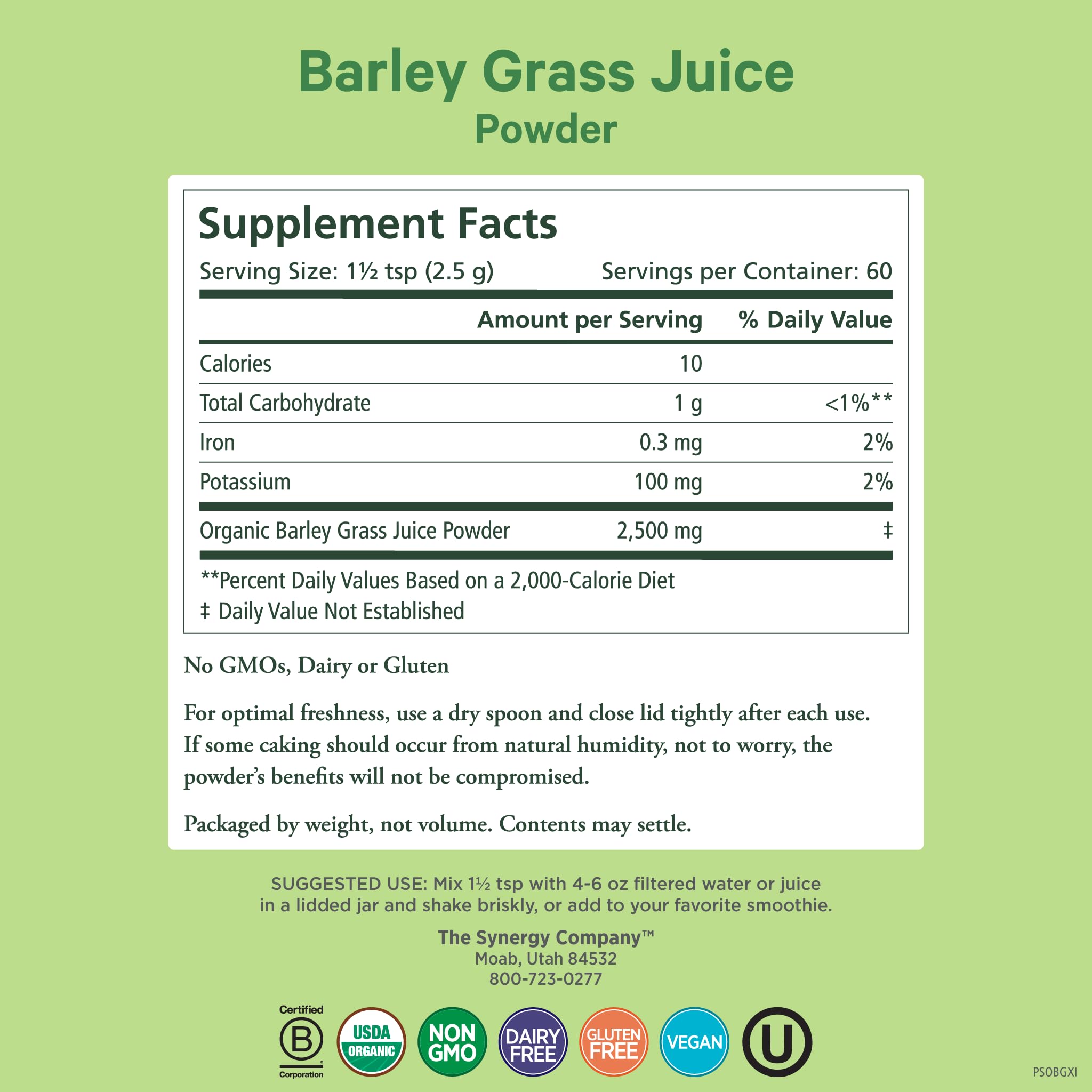 Back view of bottle showing nutrition facts and organic certification