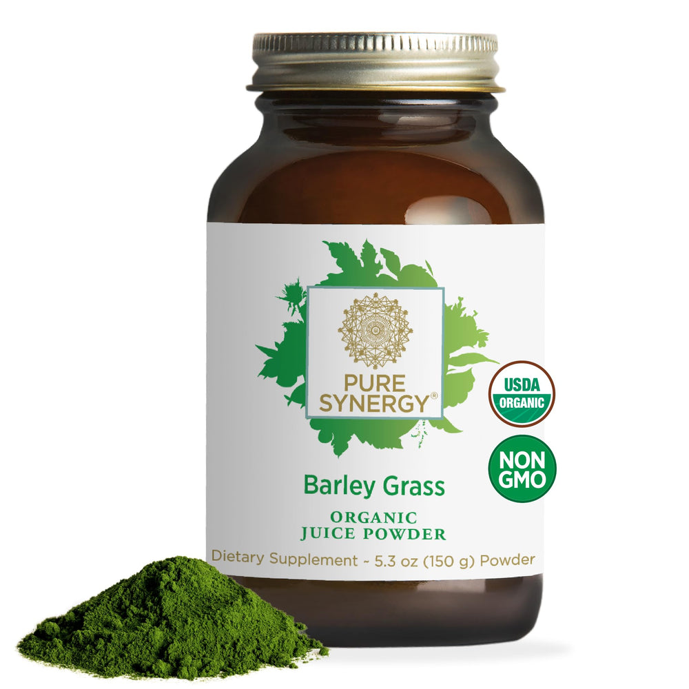 Front view of PURE SYNERGY Organic Barley Grass Juice Powder 5.3 oz bottle