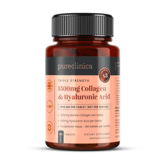 Bottle of PureClinica 1500mg UltraColl Collagen & Hyaluronic Acid - 180 tablets, 6 months supply