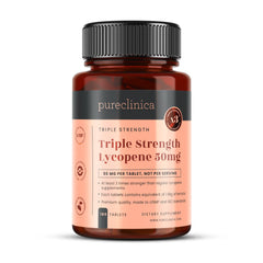 Bottle front view of PureClinica Lycopene 50mg 180 tablets