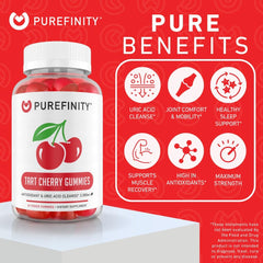Back view of PUREFINITY Tart Cherry Gummies bottle showing nutrition and ingredients
