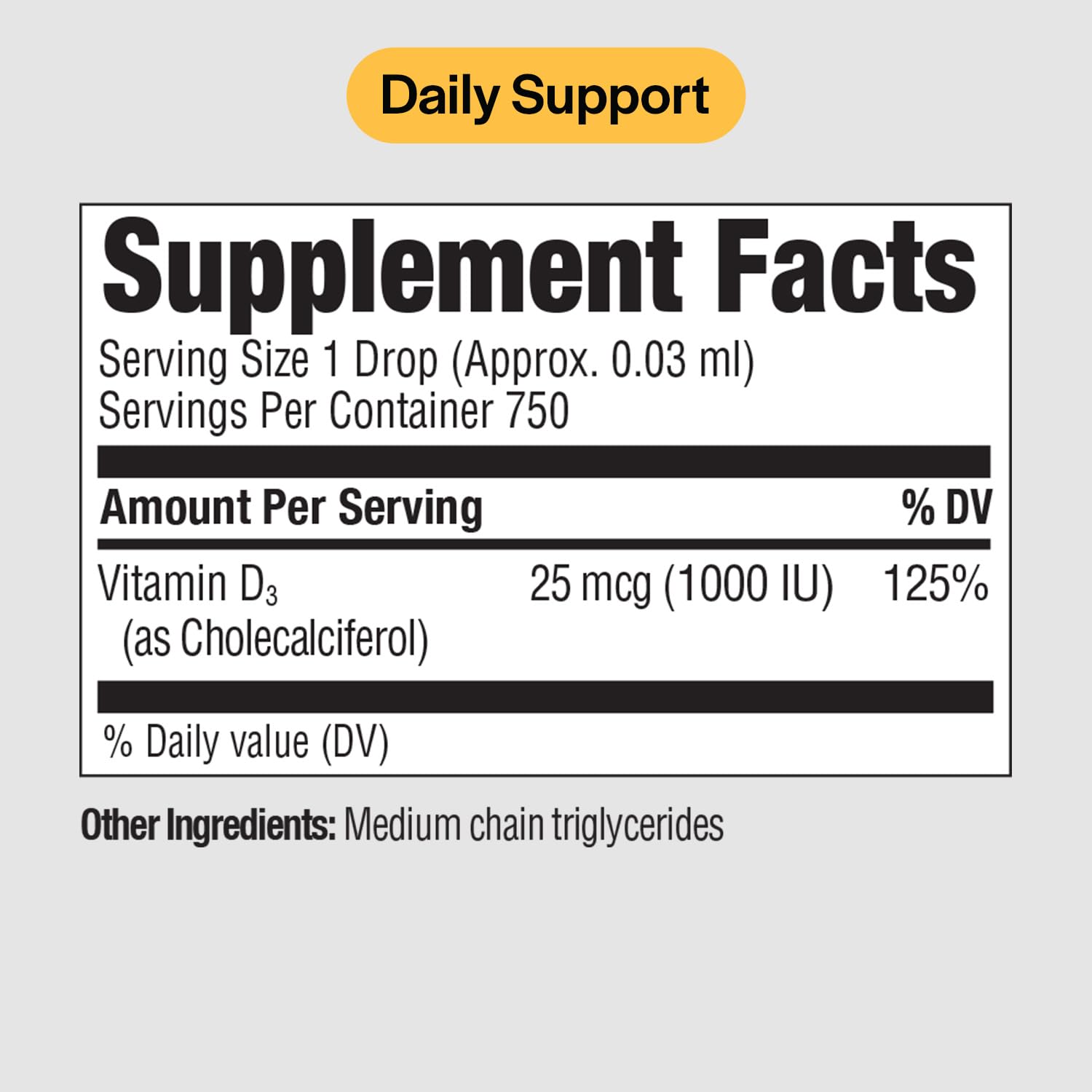 Side view of vitamin D3 liquid bottle with label
