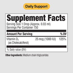 Side view of vitamin D3 liquid bottle with label
