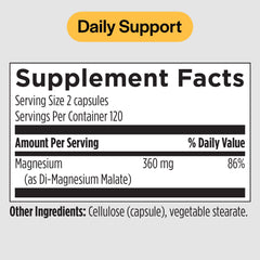 Chelated magnesium malate capsules close-up (360 mg) by PureFormulas