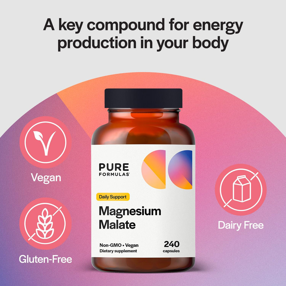 Vegan, non-GMO magnesium malate capsules supporting energy and muscle health