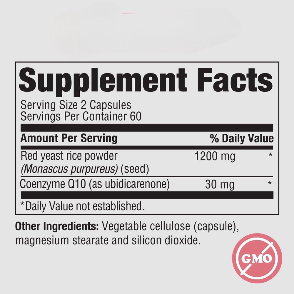 Product label showing Citrinin-Free, Non-GMO and Gluten-Free claims