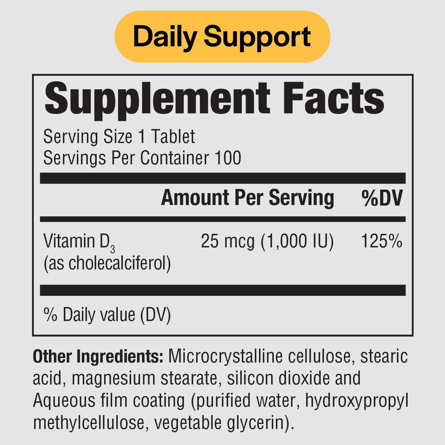 Close-up of PureFormulas Vitamin D3 1000 IU bottle label