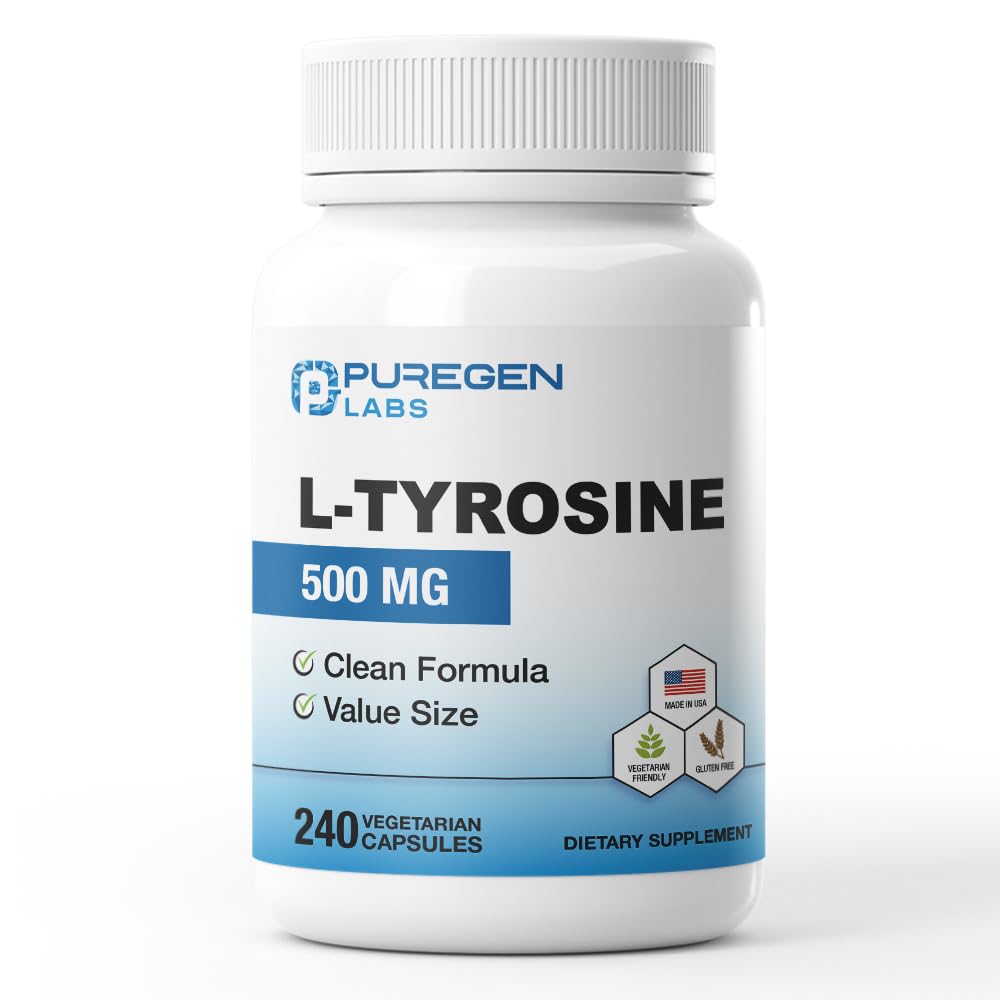 Front view of Puregen Labs L-Tyrosine 500 mg bottle with 240 vegetarian capsules