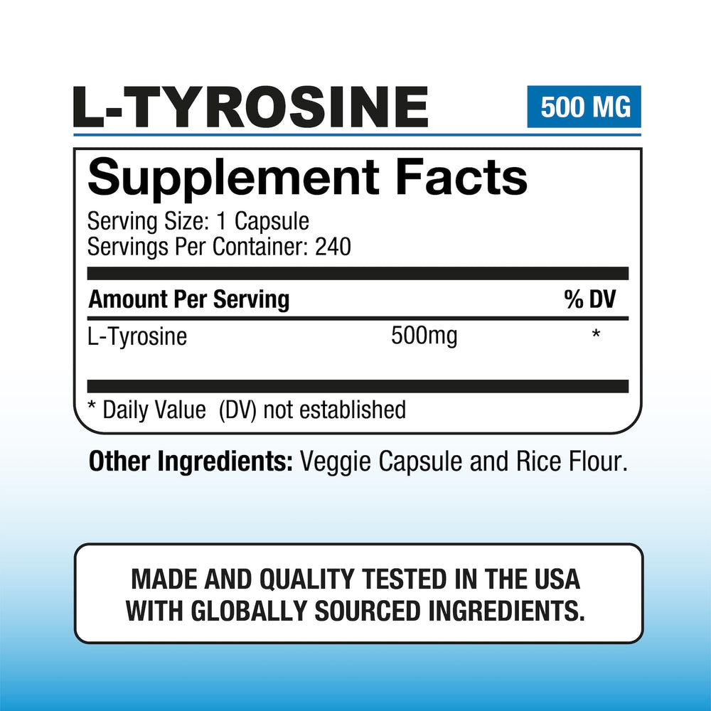 Close-up of L-Tyrosine 500 mg capsule from Puregen Labs