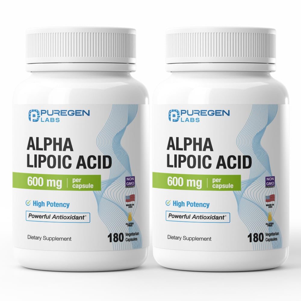 Puregen Labs Alpha Lipoic Acid 600mg bottle with 360 veggie caps - Made in USA - 2 pack