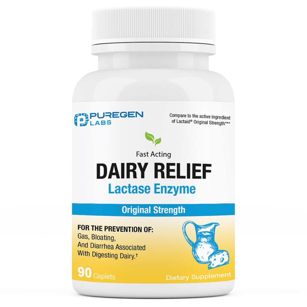 Puregen Labs Dairy Relief bottle label showing lactase enzyme 3000 FCC