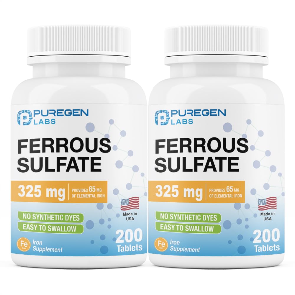Puregen Labs Ferrous Sulfate 325 mg iron supplement bottle with 400 tablets — Made in USA