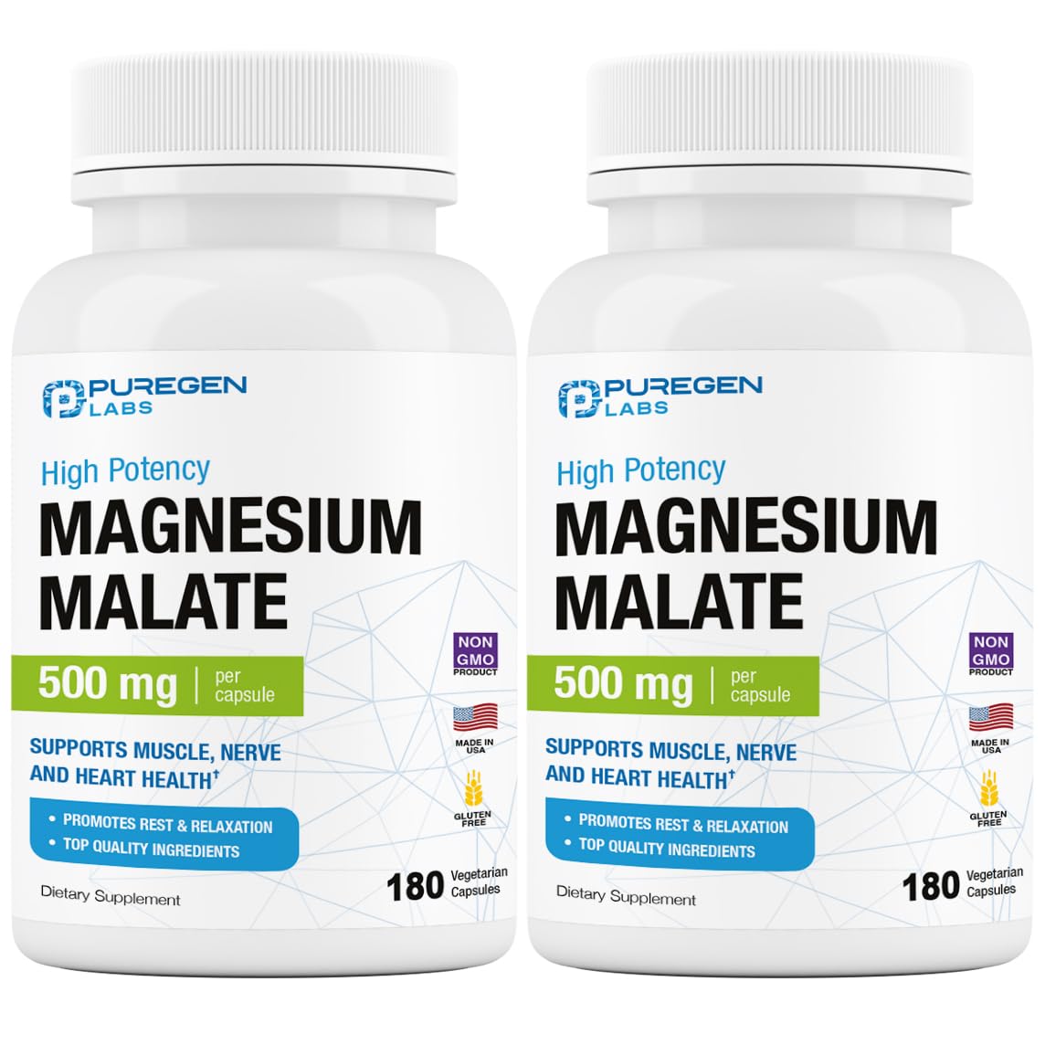 Puregen Labs Magnesium Malate 500mg bottle with 360 veggie capsules