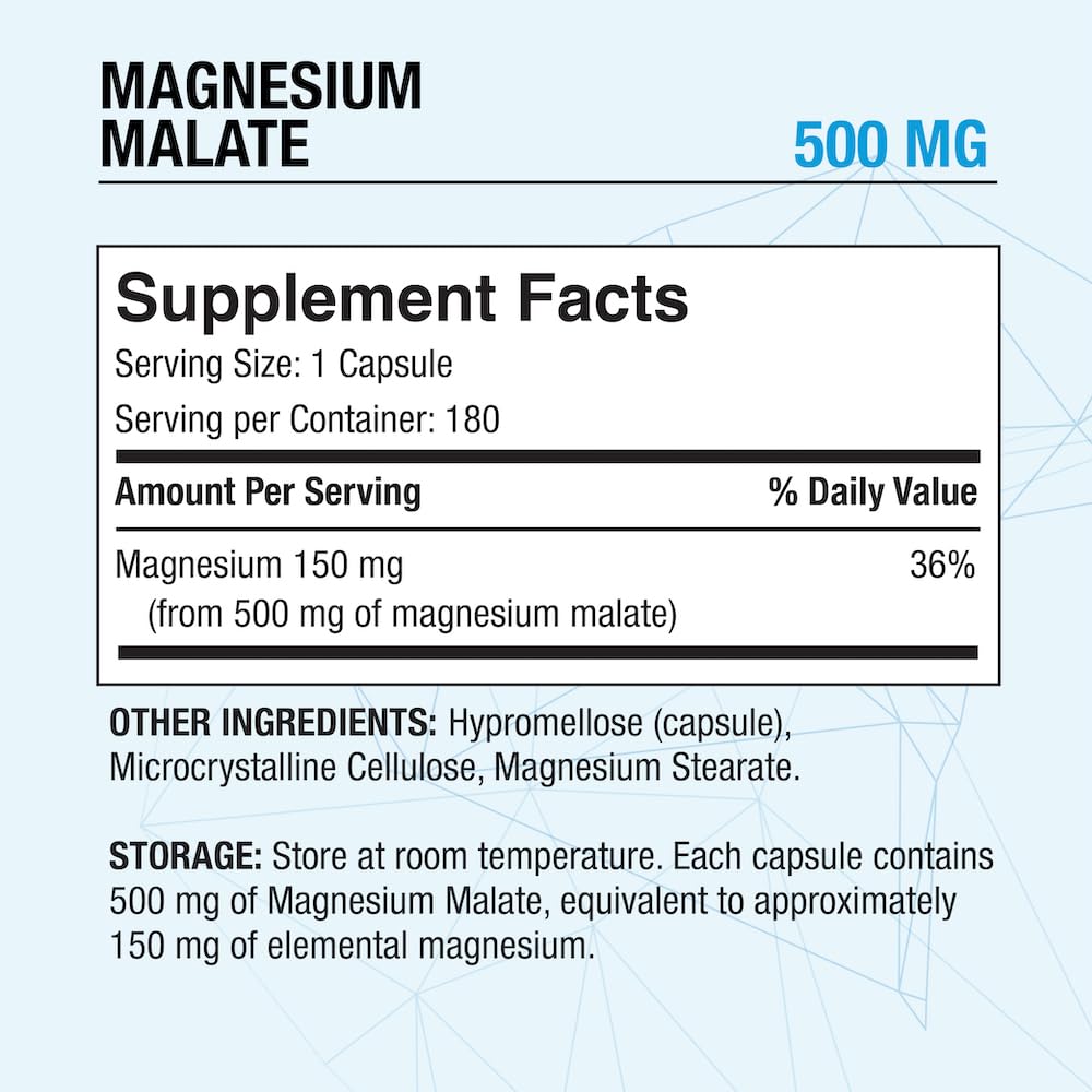 Back label with supplement facts for Magnesium Malate 500mg