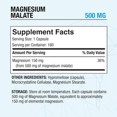 Back label with supplement facts for Magnesium Malate 500mg