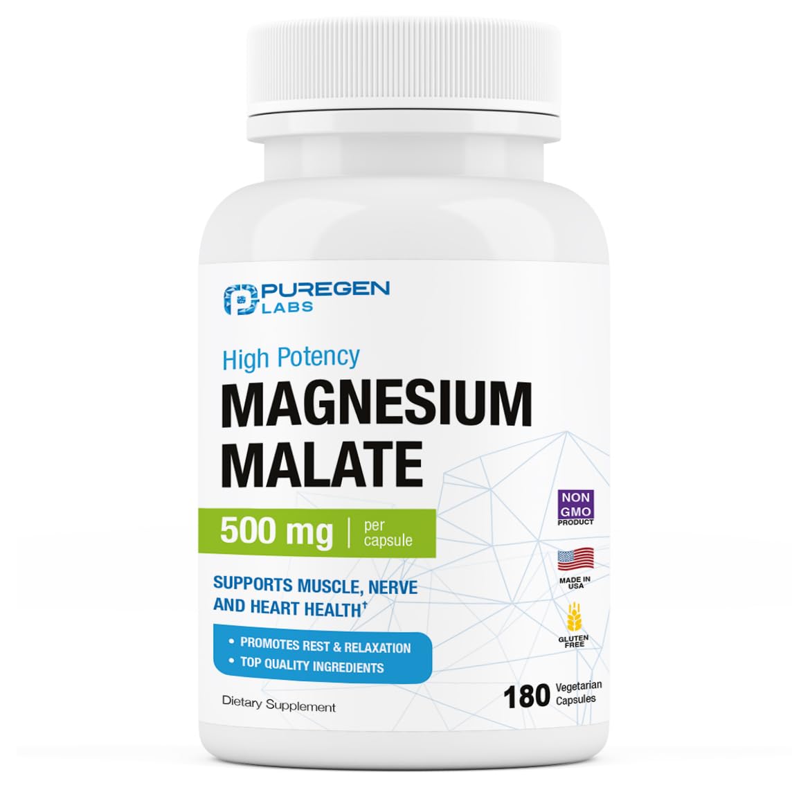Front view of Puregen Labs Magnesium Malate 500mg bottle