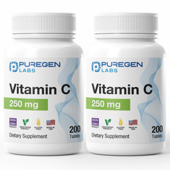 Front view of Puregen Labs Vitamin C 250mg 400 tablets 2-pack bottle