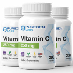 Puregen Labs Vitamin C 250mg bottle with 3-pack and 600 tablets