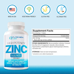 Close-up of Puregen Labs Zinc Sulfate 220 mg bottle label