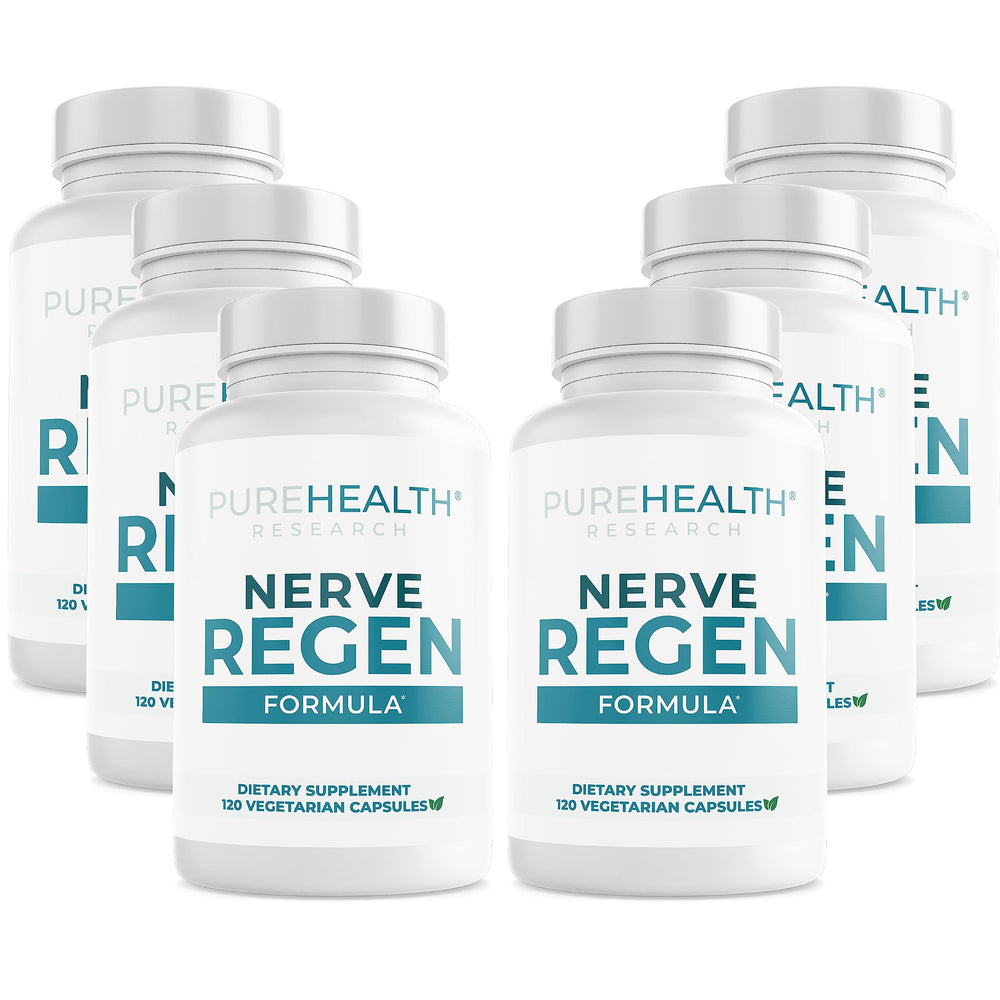 Six-bottle package of PUREHEALTH Research Nerve Regen Formula – front view
