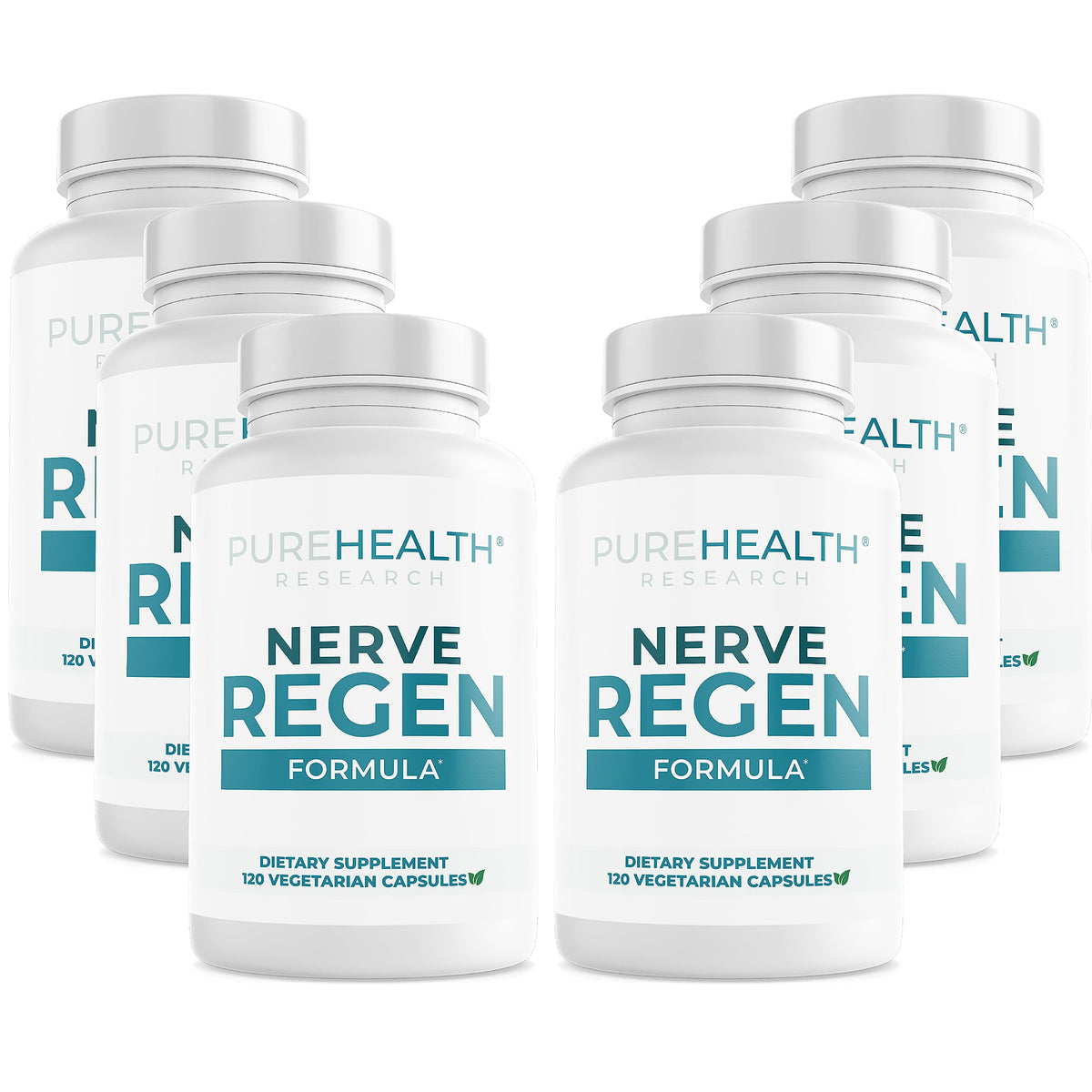 Six-bottle package of PUREHEALTH Research Nerve Regen Formula – front view