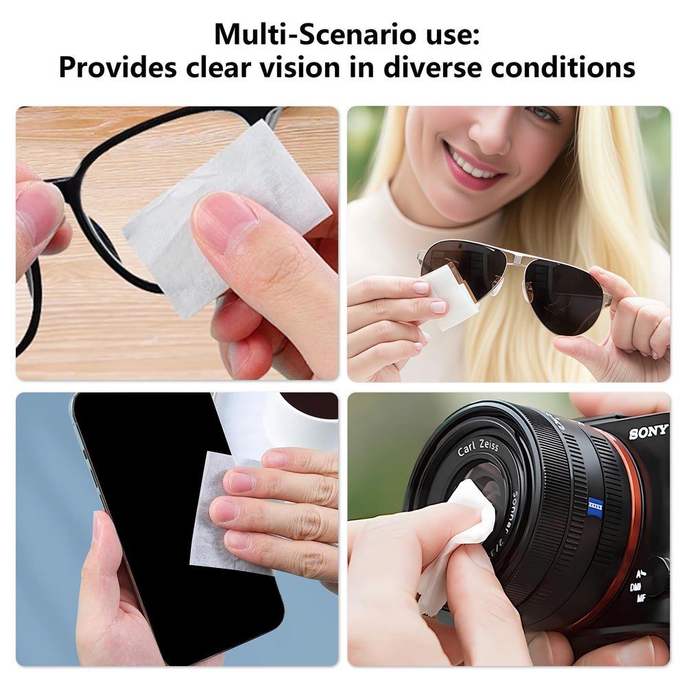 Person cleaning glasses with Purelia wipe