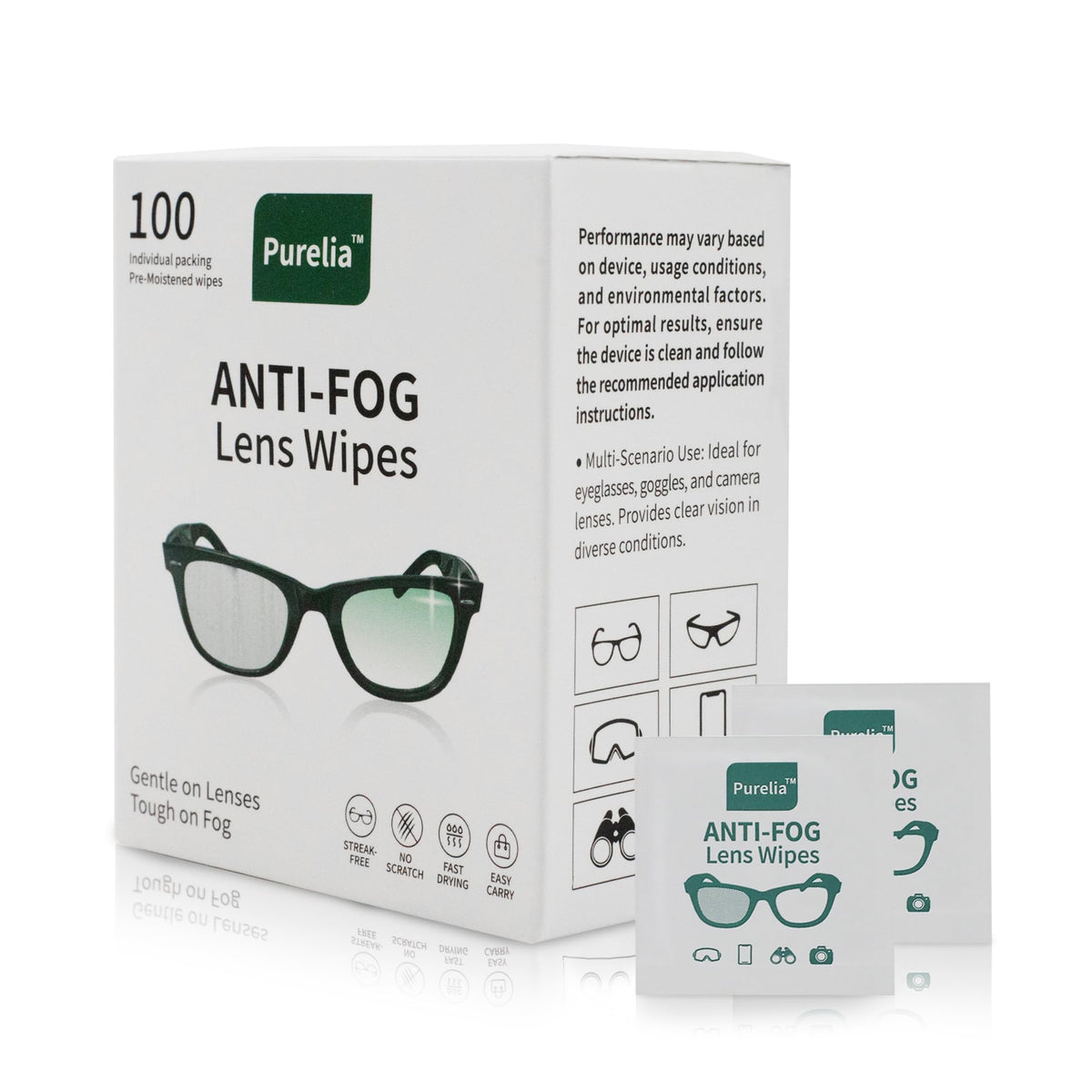 Front packaging of Purelia Anti-Fog Lens Wipes