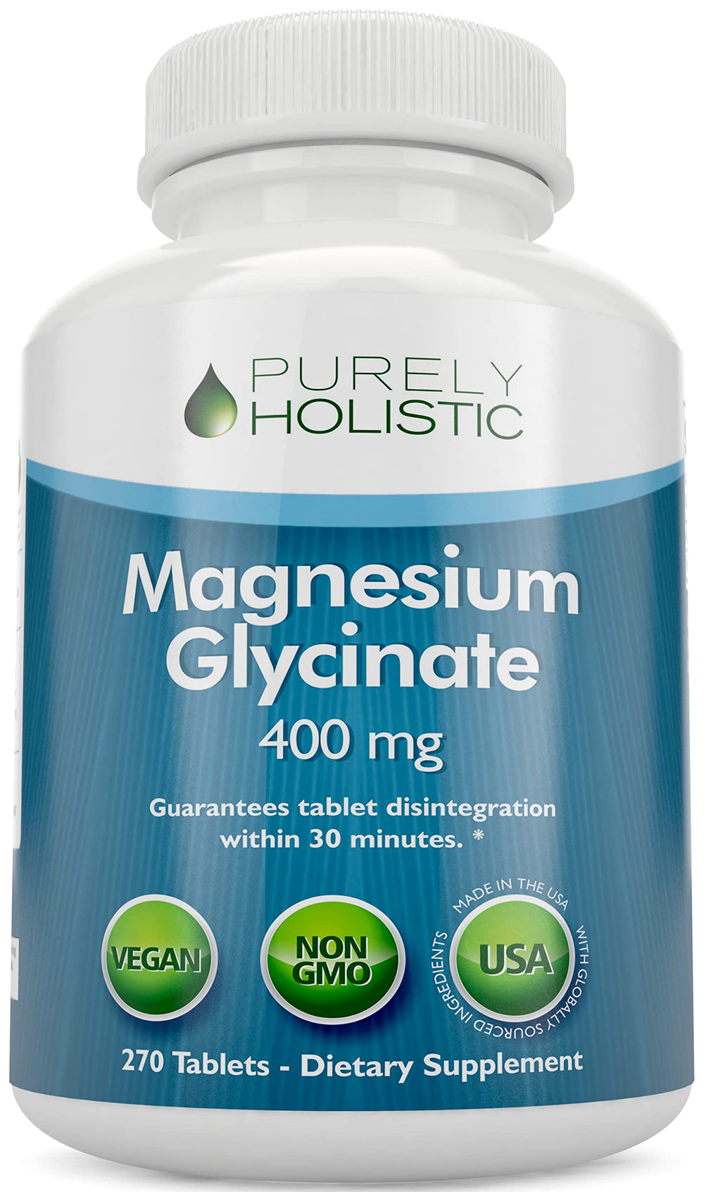 Purely Holistic magnesium glycinate bottle front showing 270 tablets for daily support