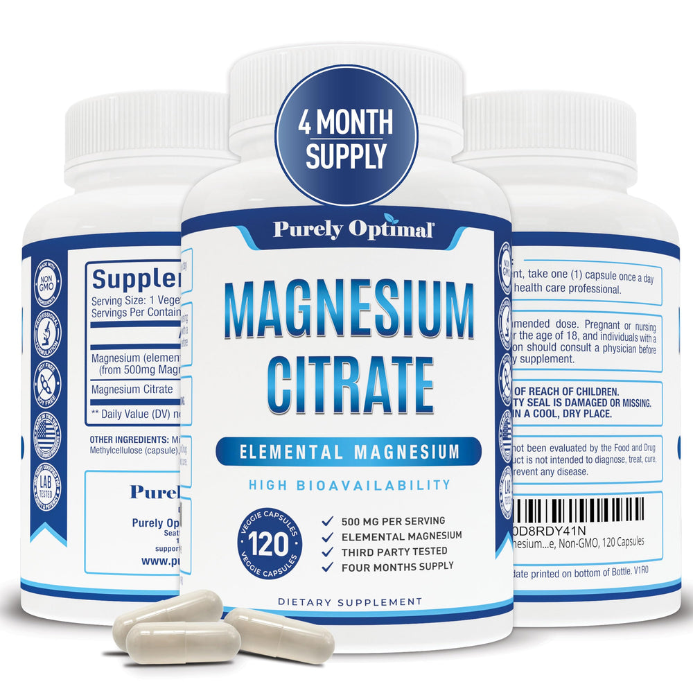 Purely Optimal Magnesium Citrate 500mg bottle front for daily digestive support