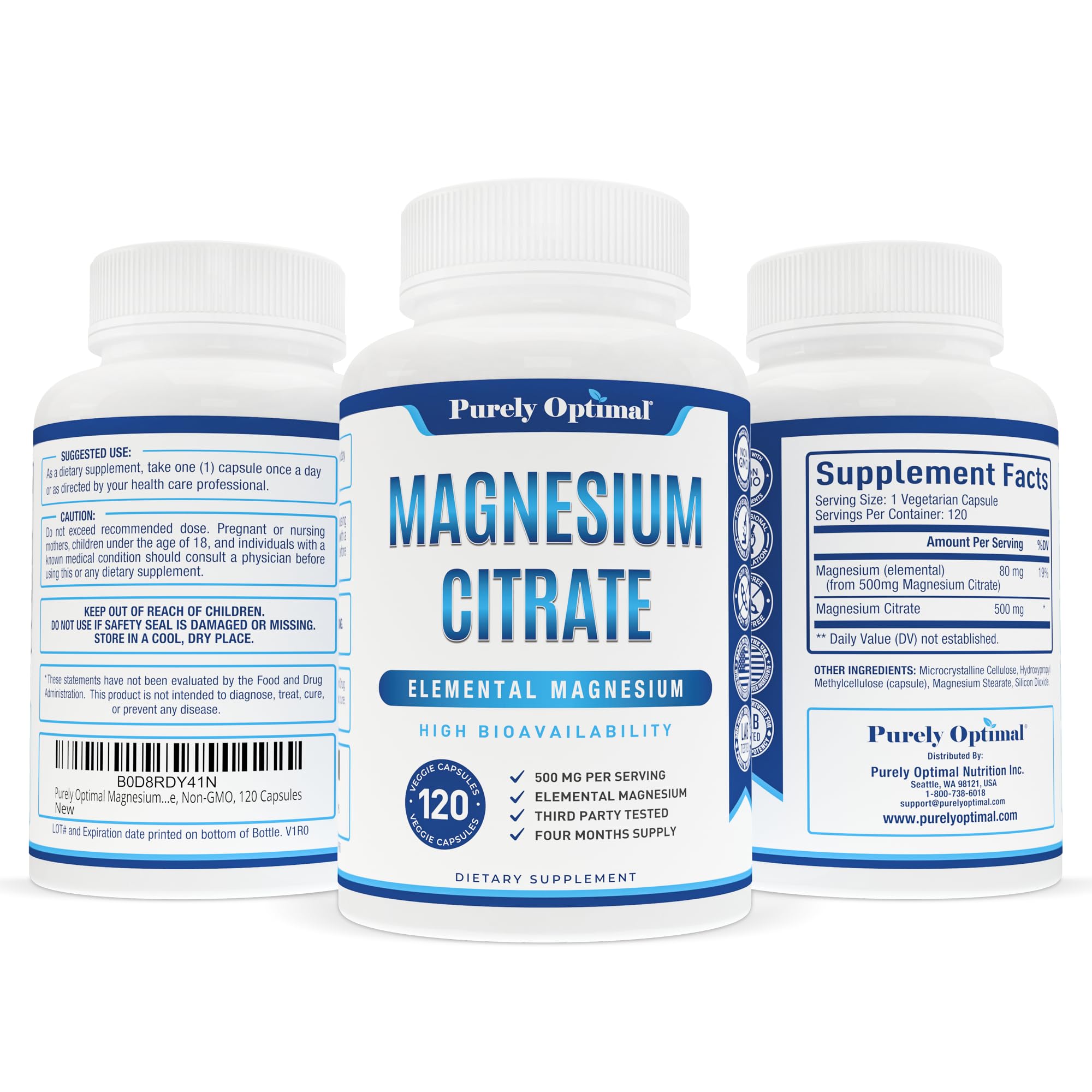 Side view of Purely Optimal magnesium citrate bottle for portable use