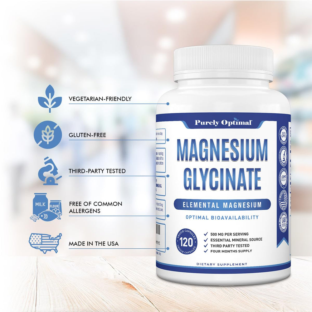 Facts panel close-up for Purely Optimal Magnesium Glycinate 500mg ingredients and dosage.