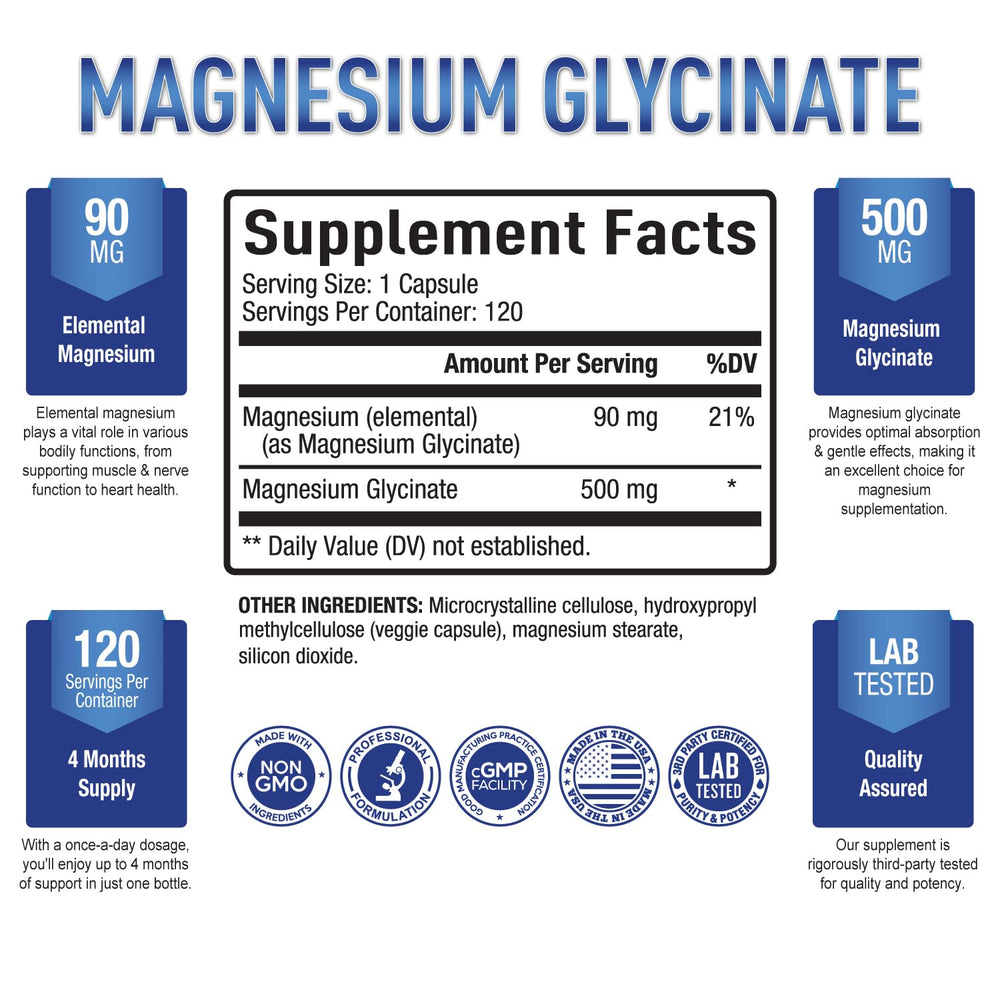 Close-up of the Purely Optimal Magnesium Glycinate 500mg label showing key ingredients for absorption.