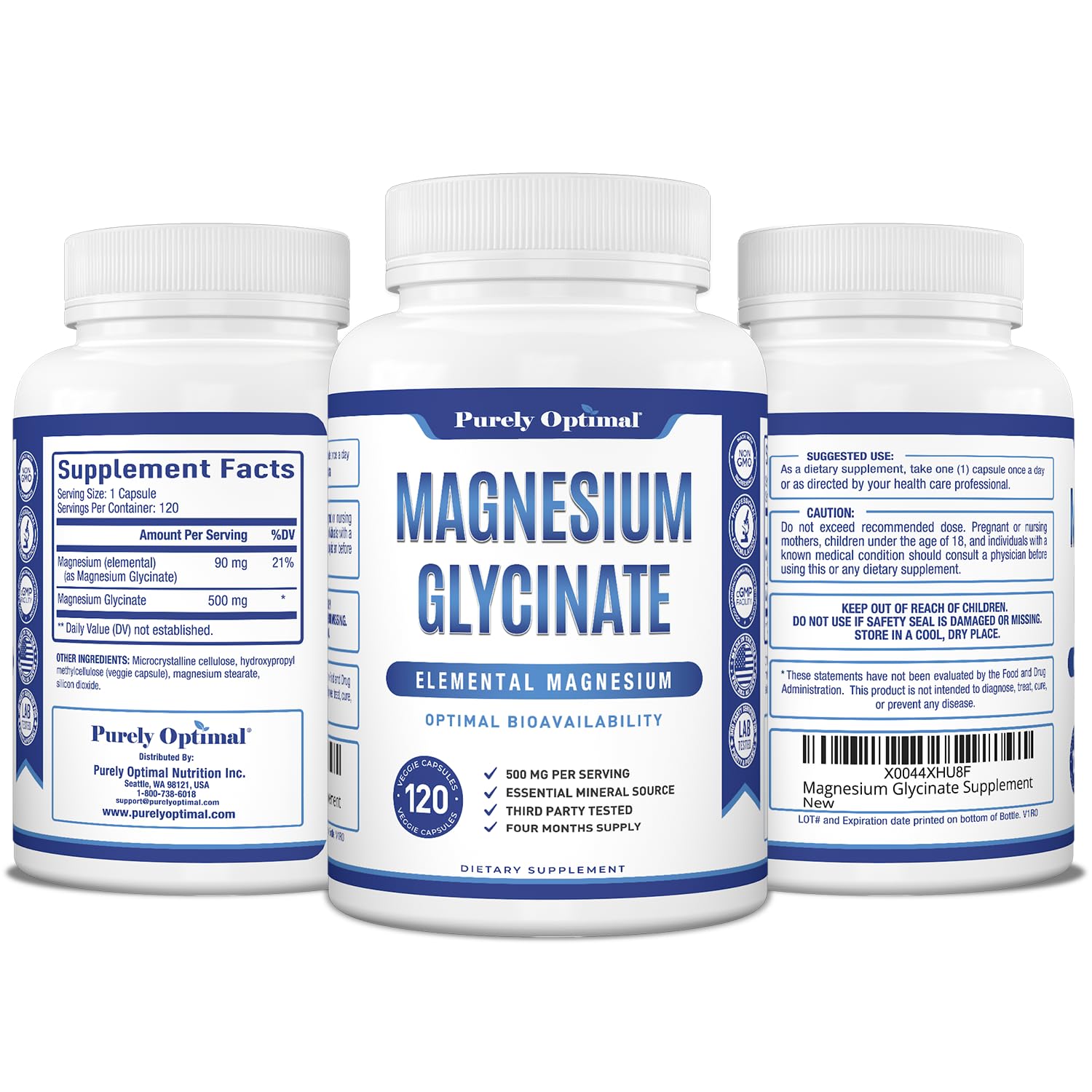 Nightstand scene with Purely Optimal Magnesium Glycinate 500mg ready for bedtime.