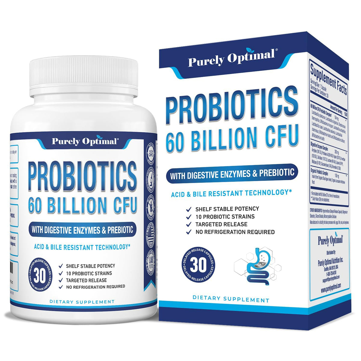 Packshot of Purely Optimal Probiotics showing 60 Billion CFU capacity