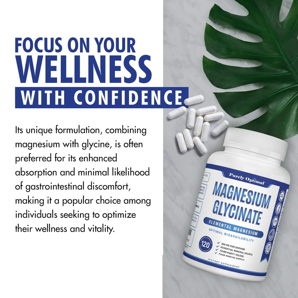 Vegan quality icon on Purely Optimal Magnesium Glycinate 500mg packaging.