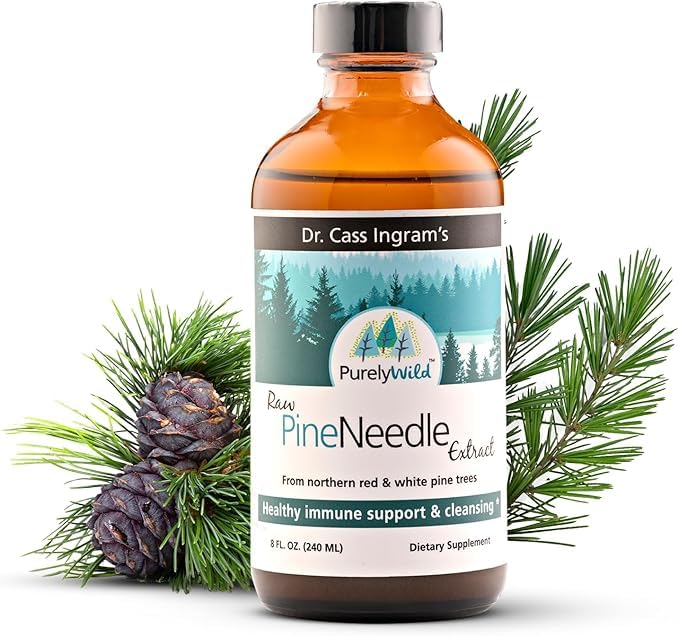 Bottle of PURELY WILD Pine Needle Extract with Dr Cass Ingram branding