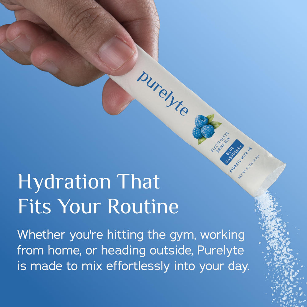 Purelyte on-the-go visual pack showing easy hydration while active