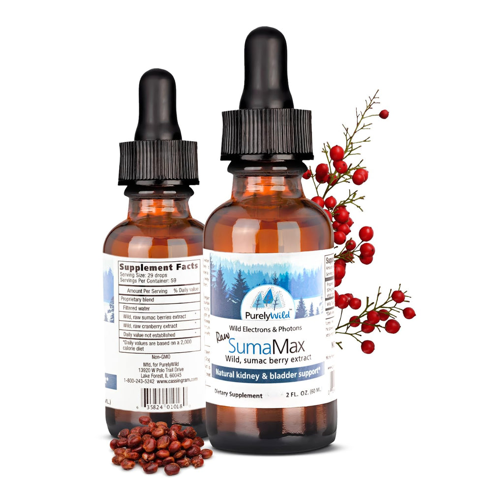 Bottle of PURELY WILD SumaMax with natural berry imagery