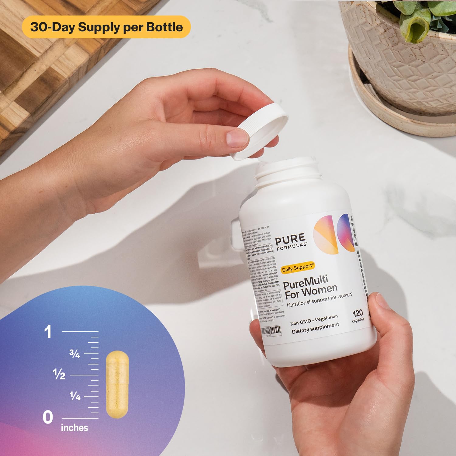 Herbal blend imagery for PureMulti for Women includes Asian Ginseng and Red Clover