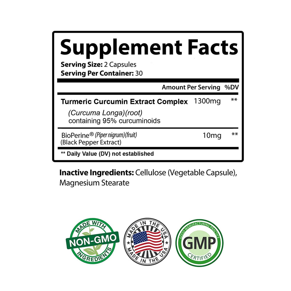 Close-up of PureNature Turmeric Curcumin capsules showing Turmeric Curcumin and BioPerine