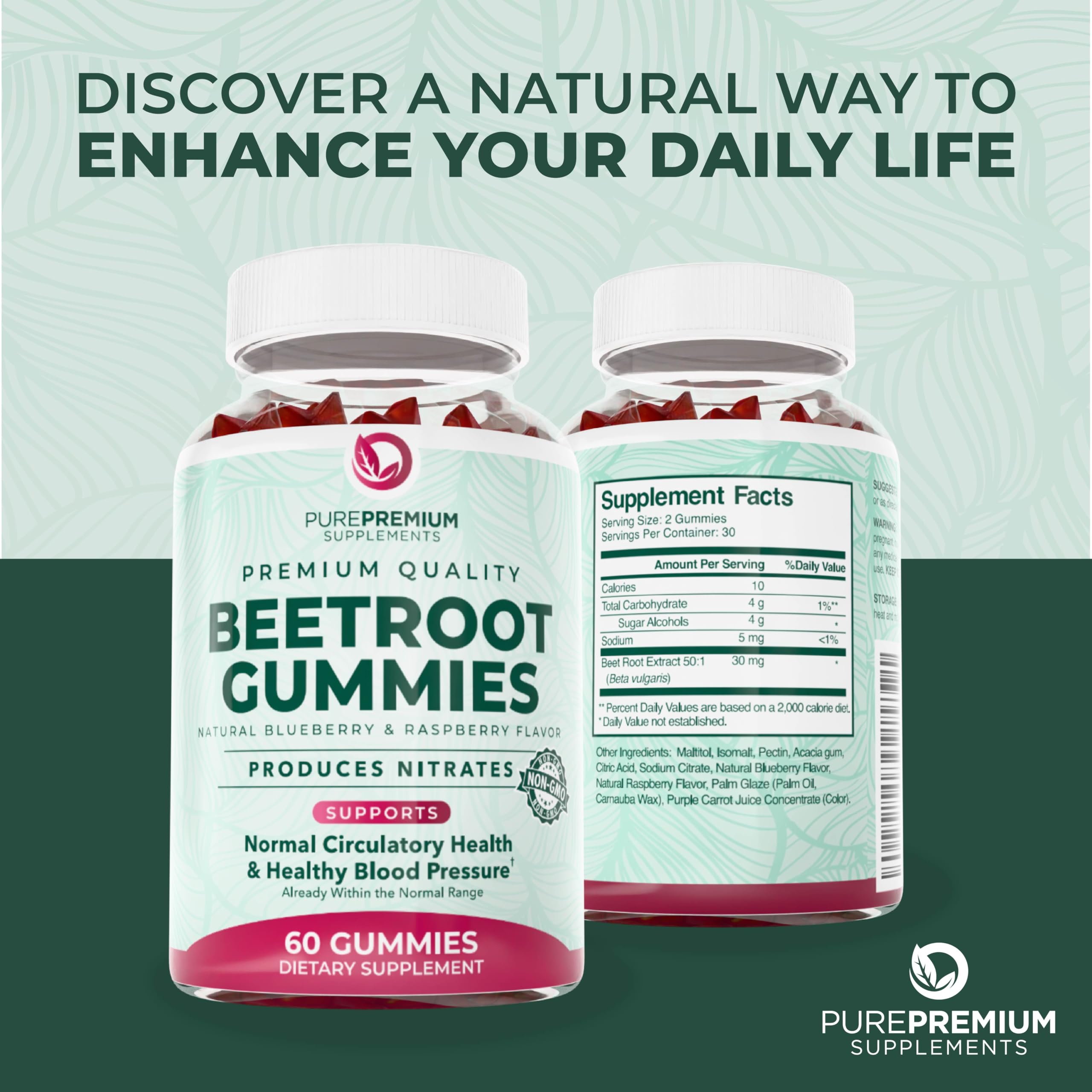 PurePremium Beet Root Gummies benefits graphic hinting at blood circulation support.