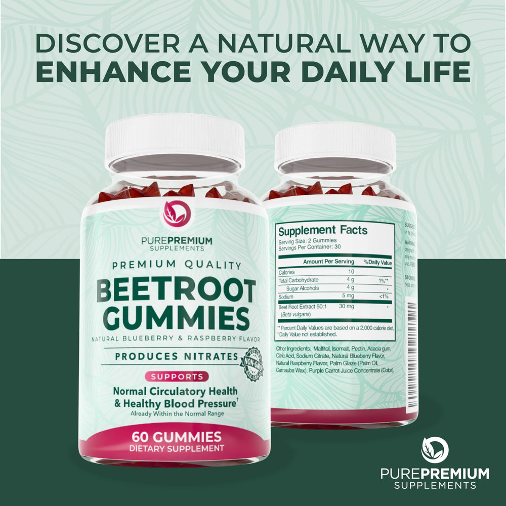 PurePremium Beet Root Gummies benefits graphic hinting at blood circulation support.