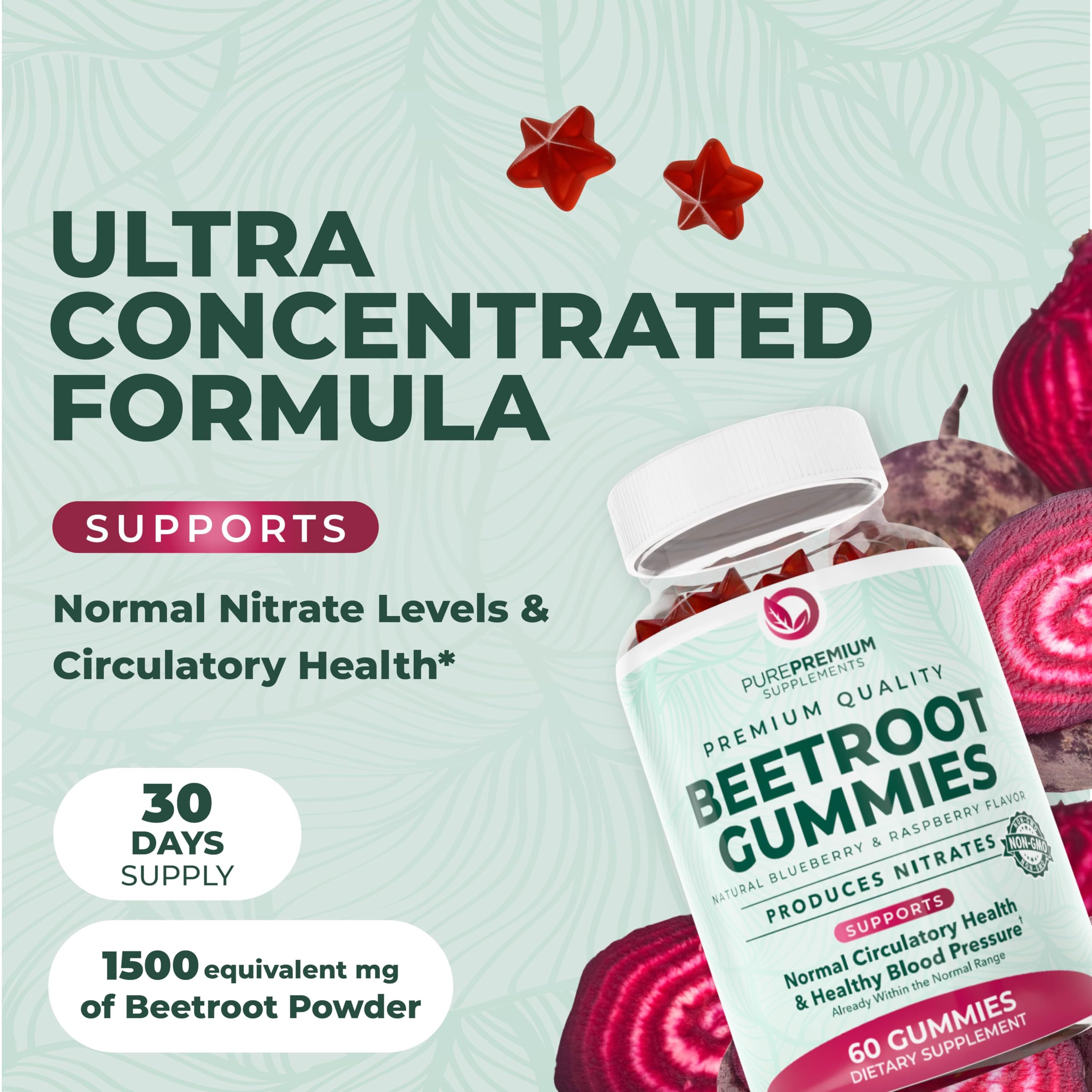 PurePremium Beet Root Gummies close-up showing natural blueberry flavor and glossy gummies.