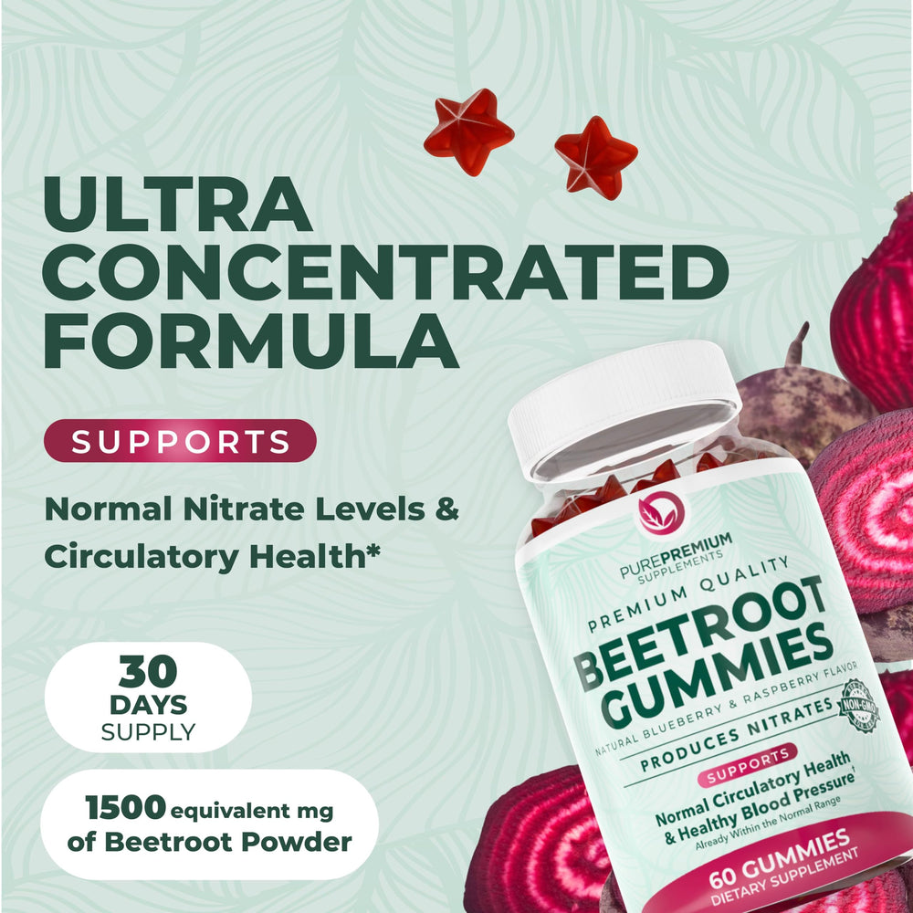 PurePremium Beet Root Gummies close-up showing natural blueberry flavor and glossy gummies.