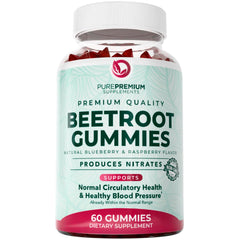PurePremium Beet Root Gummies jar with blueberry flavor and potential blood pressure support.