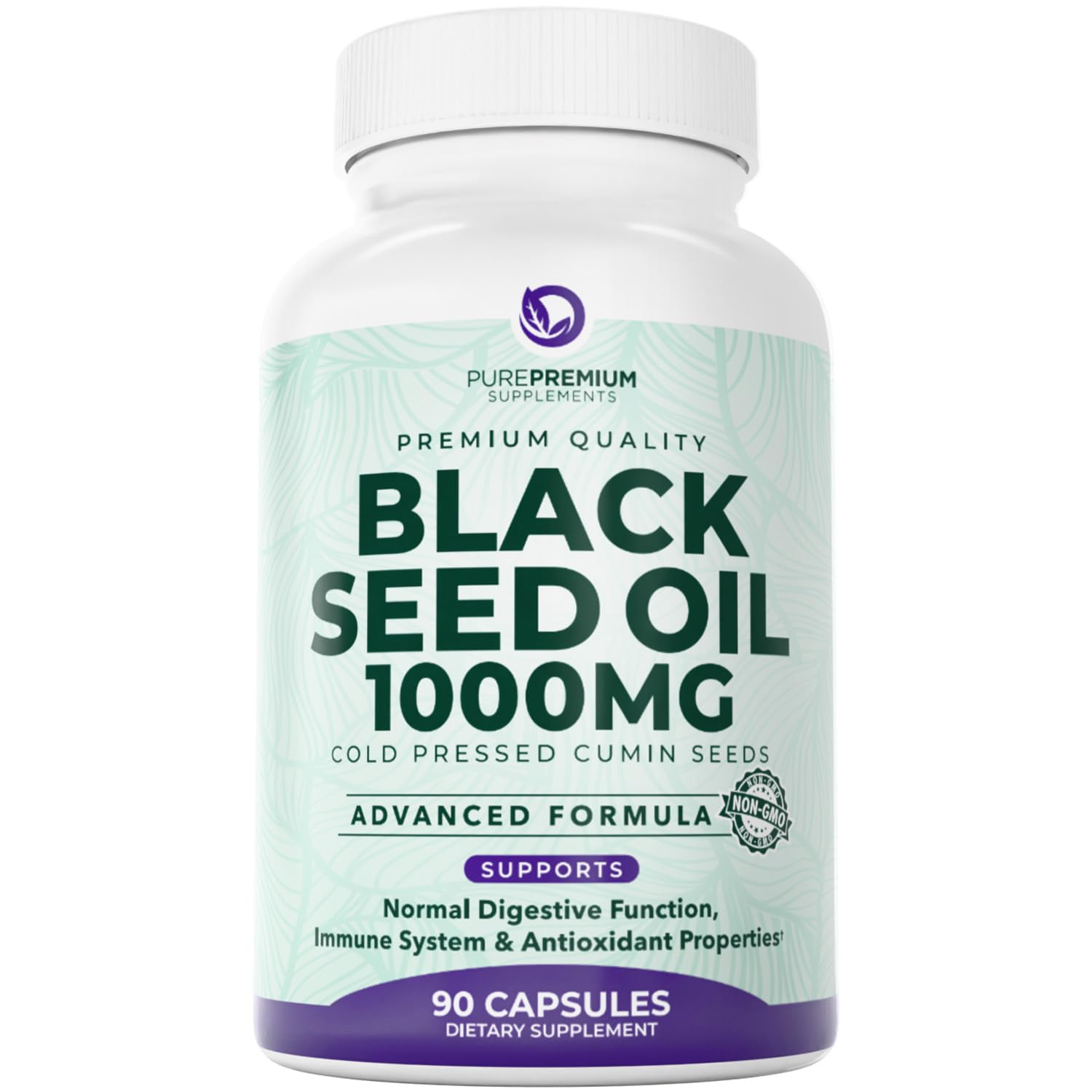 Front view of PurePremium Black Seed Oil 500mg bottle with 90 capsules