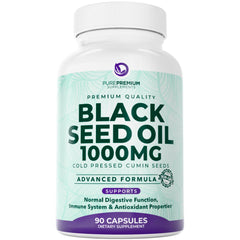 Front view of PurePremium Black Seed Oil 500mg bottle with 90 capsules