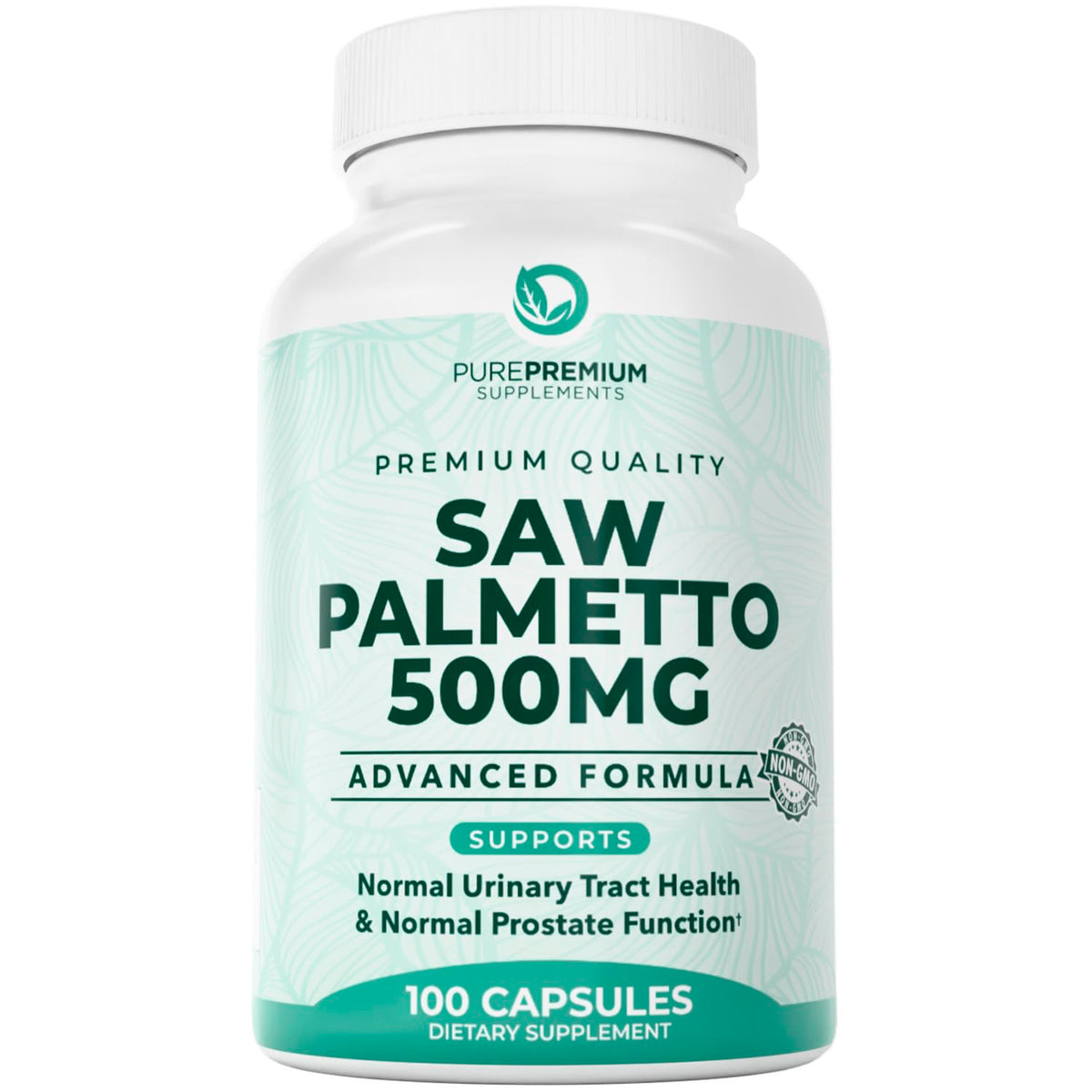PurePremium Saw Palmetto 500 mg bottle with 100 tablets