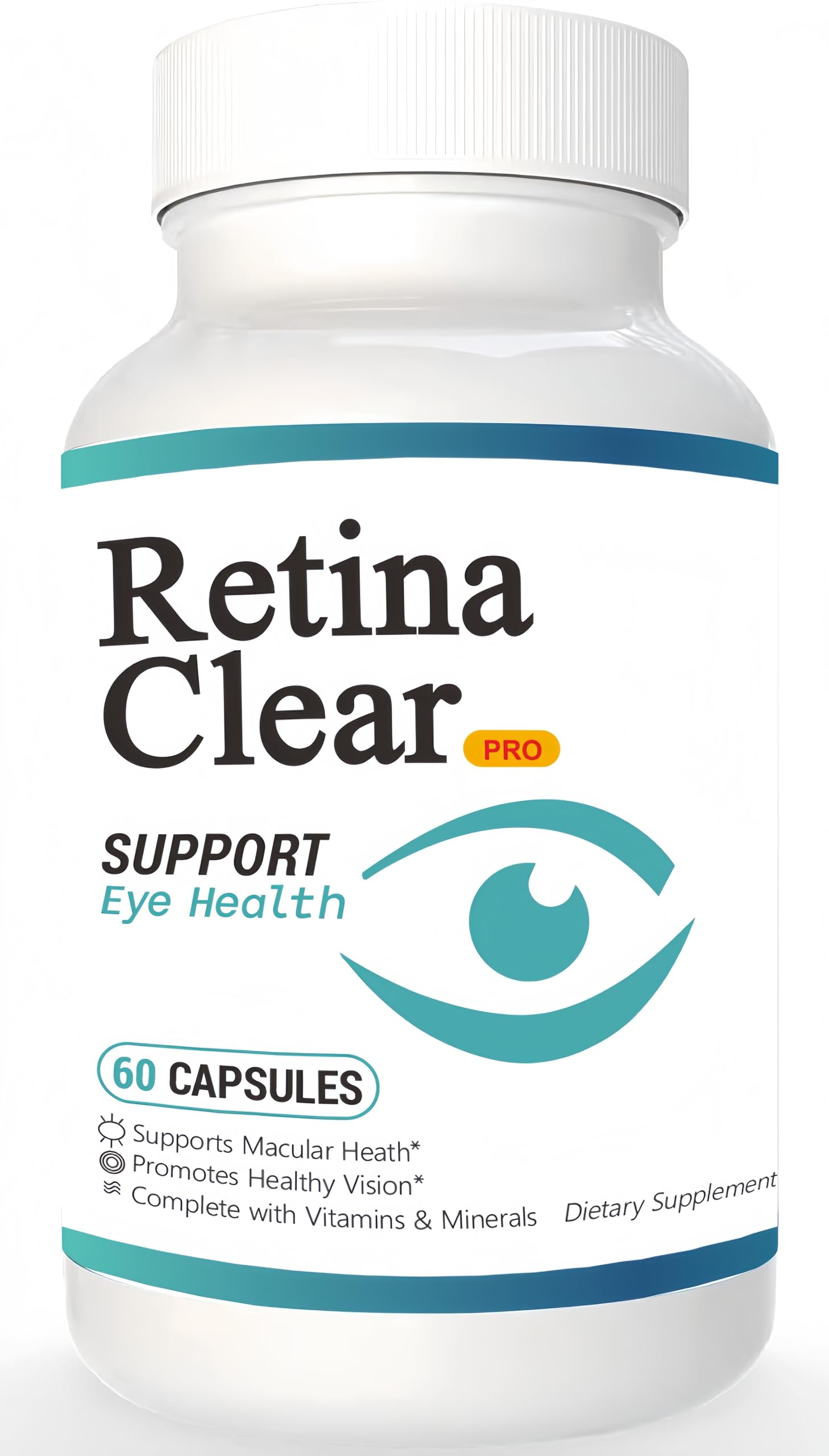 Bottle of PurePulsePrime Retina Clear Pro Eye Health Support Supplement, 60 capsules