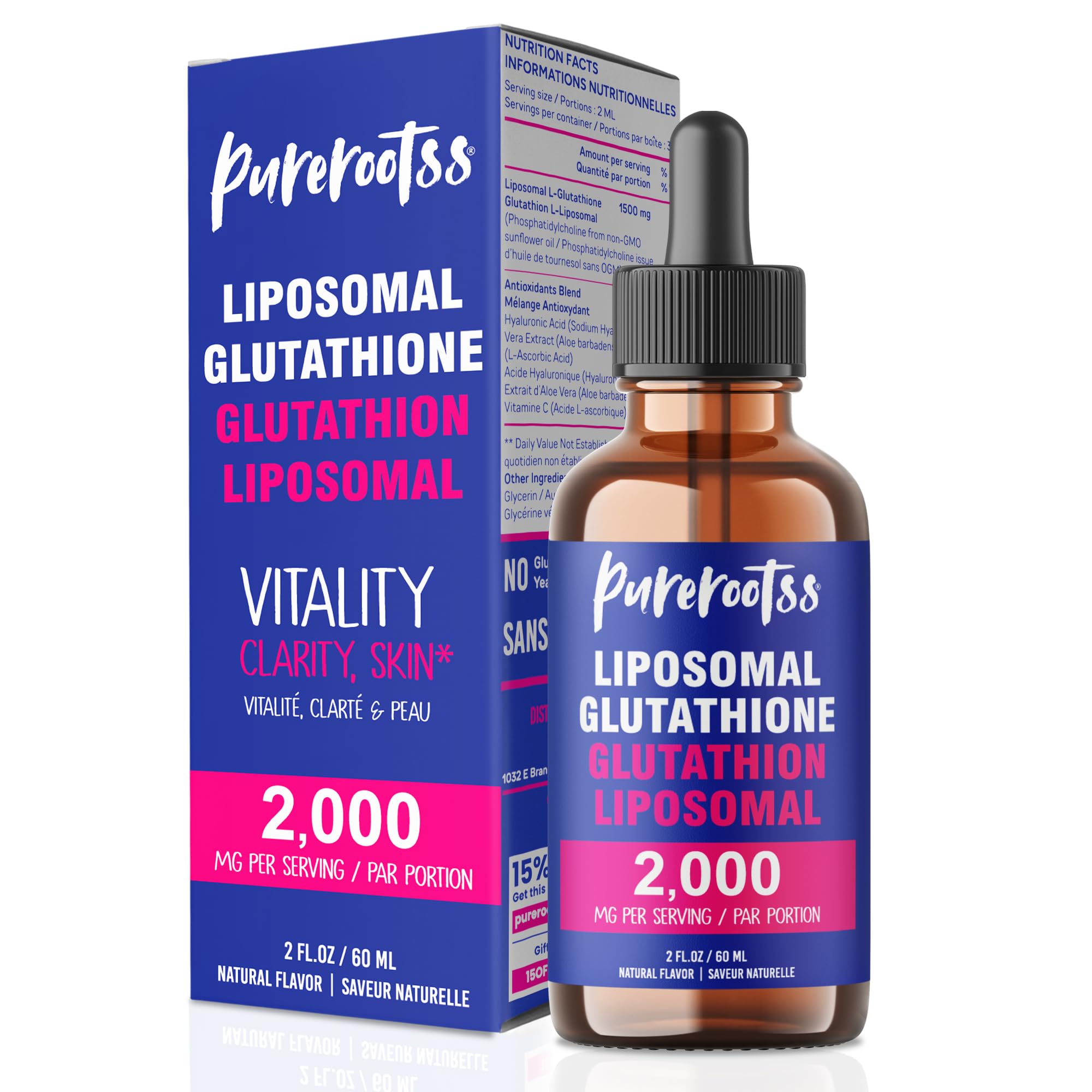 PureRootss Liposomal Glutathione Liquid bottle with packaging – 2 oz